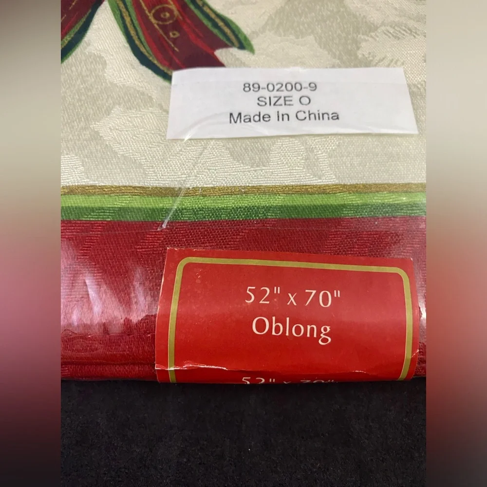 NIP Fabric Printed Tablecloth Benson Mills Christmas Ribbons 52 x 70